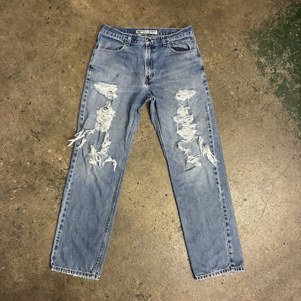 Harley-Davidson Men’s Distressed Straight Leg Jeans 33x32 Light Wash
